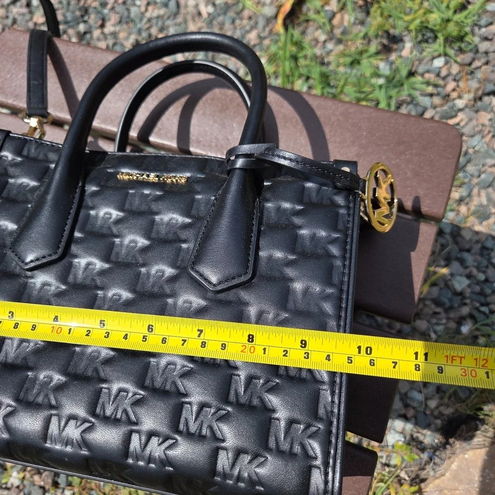 Michael Kors Black Embossed Leather Gold Logo Handbag Purse Maple Satchel - Picture 15 of 16